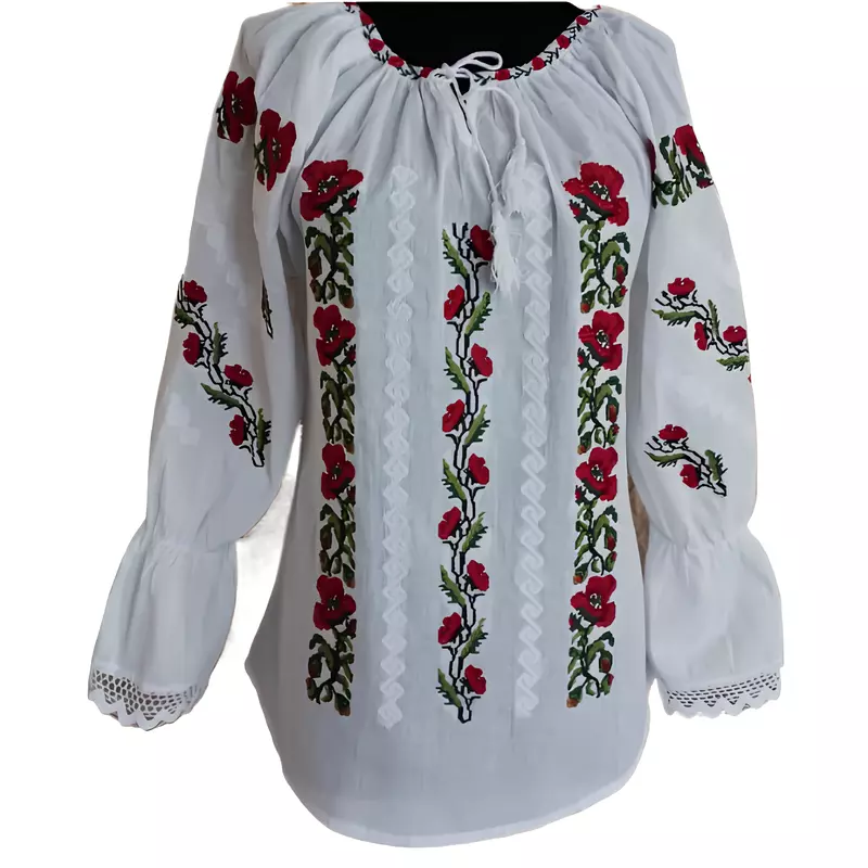 Bluza Tip Ie Traditionala Alba cu Motiv Floral Rosu de Dama - IMS46