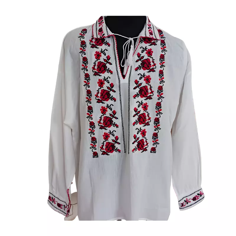 Camasa Barbateasca Traditionala Alba cu Motiv Floral Rosu  - CTI29