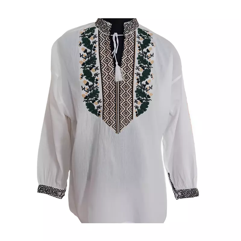 Camasa Barbateasca Traditionala Alba cu Motiv Floral Verde  - CTI31