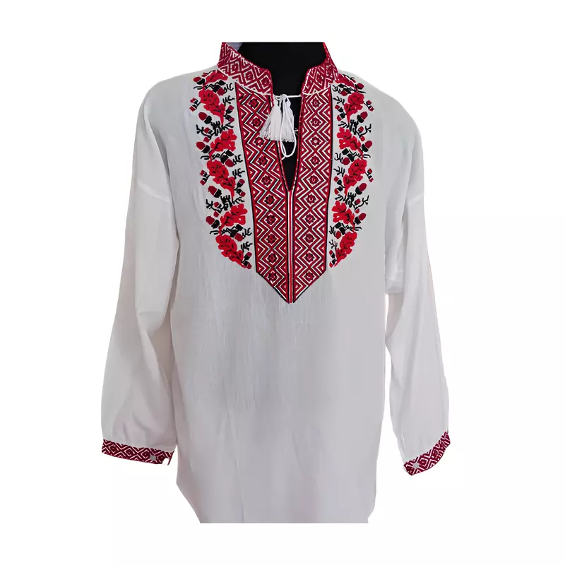 Camasa Tip Ie Barbateasca Alba cu Motiv Floral Rosu - CTI06