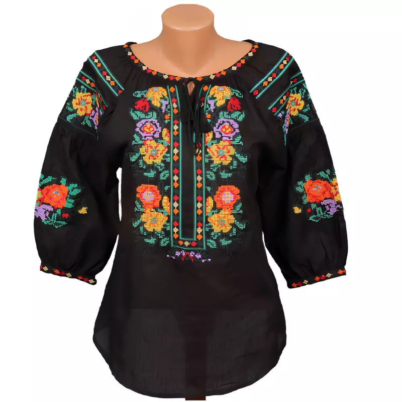 Bluza Tip Ie Neagra cu Motiv Floral Multicolor - BMG41