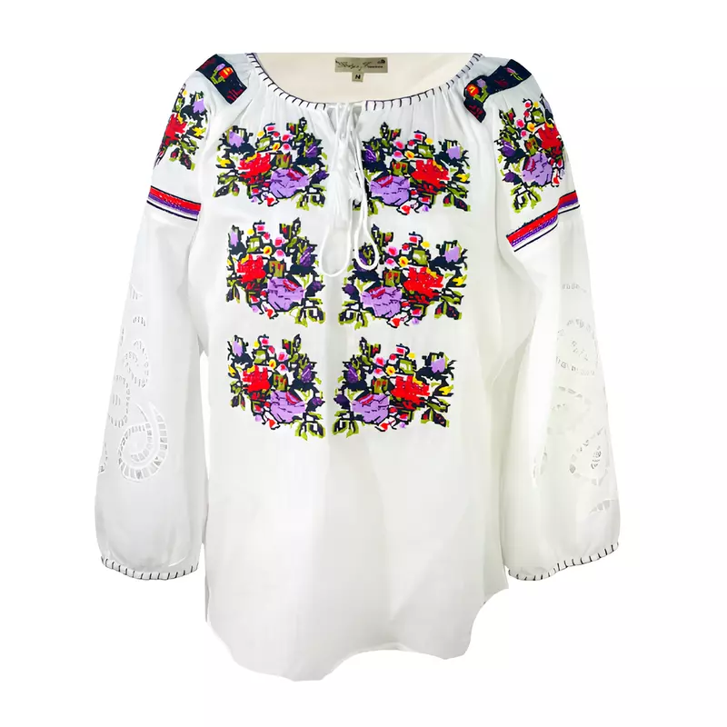 Bluza Alba cu Motiv Floral Multicolor - BMG178