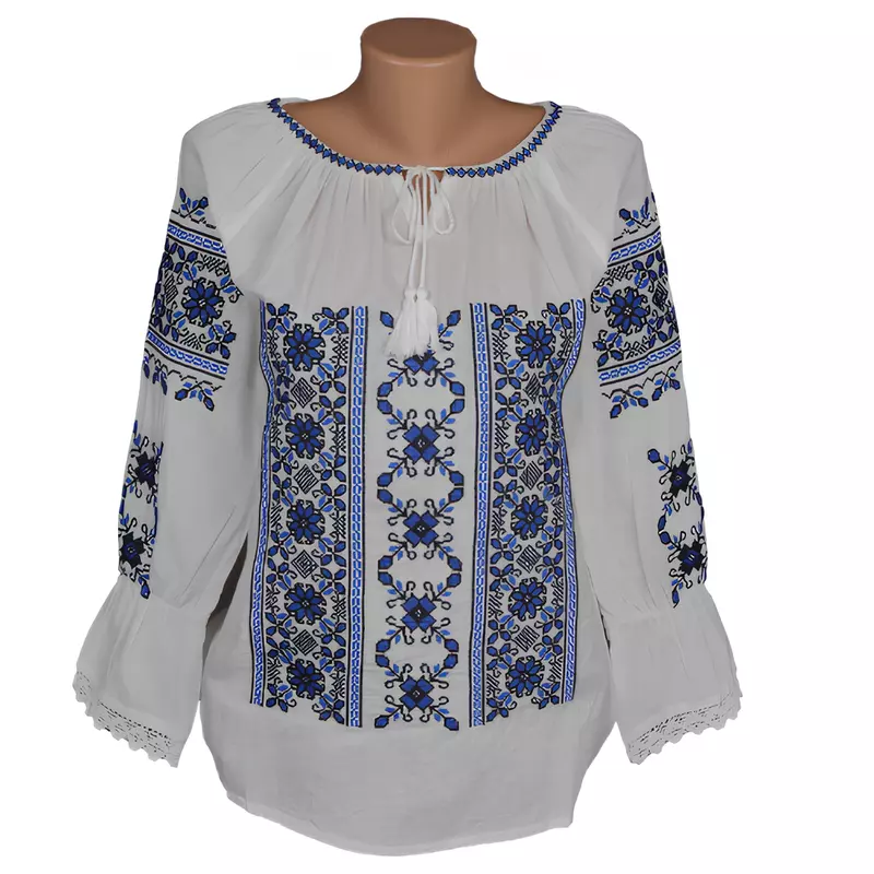 Bluza Tip Ie Alba cu Motiv Floral Albastru - BMG83