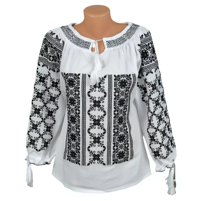 Bluza Tip Ie Alba cu Motiv Floral Negru - BMG45
