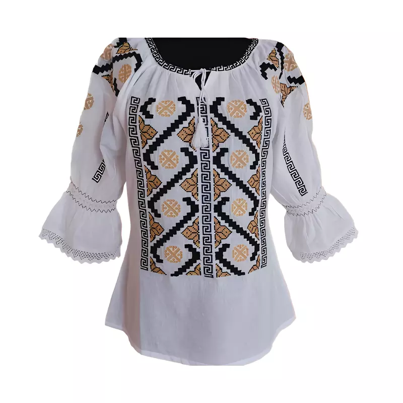 Bluza Tip Ie Traditionala Alba cu Motiv Geometric Multicolor de Dama - IMS115