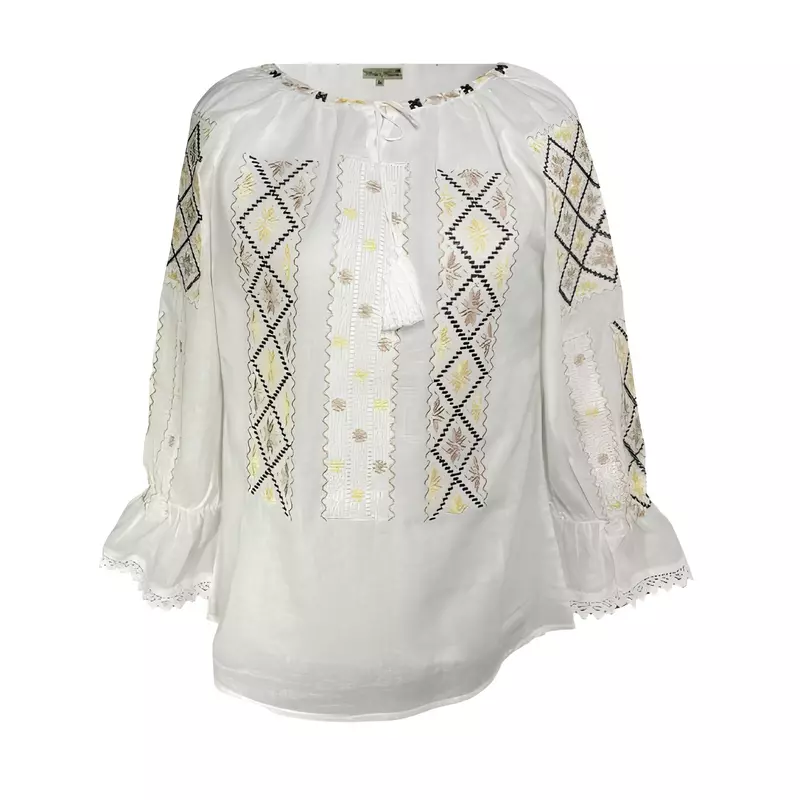 Bluza Tip Ie Traditionala Alba cu Motiv Floral Auriu de Dama - IMS142
