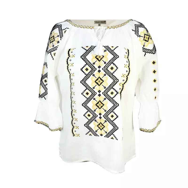 Bluza Tip Ie Traditionala Alba cu Motiv Geometric Crem de Dama - IMS151