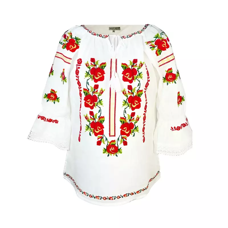 Bluza Tip Ie Traditionala Alba cu Motiv Floral Rosu de Dama - IMS131