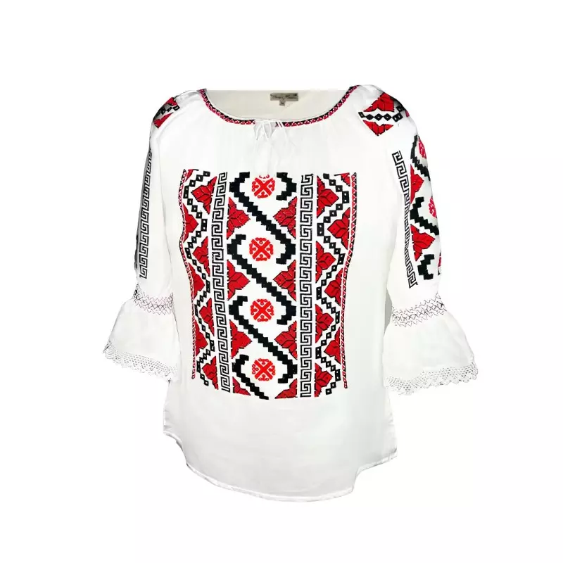 Bluza Tip Ie Traditionala Alba cu Motiv Geometric Rosu de Dama - IMS123