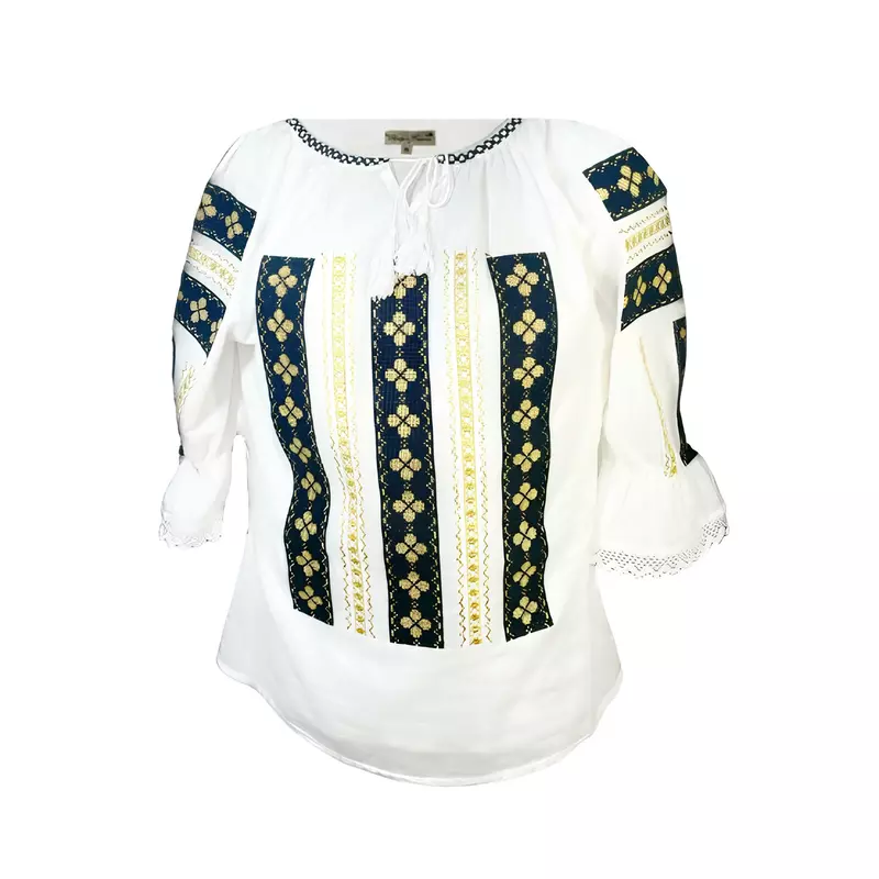 Bluza Tip Ie Traditionala Alba cu Motiv Floral Auriu de Dama - IMS135