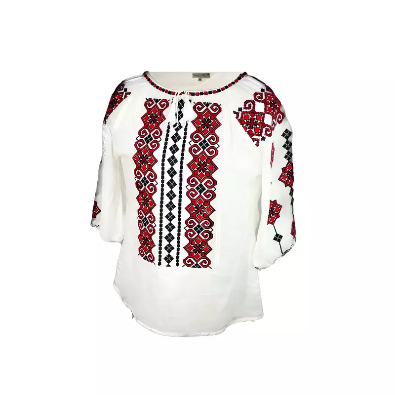 Bluza Tip Ie Traditionala Alba cu Motiv Geometric Rosu de Dama - IMS120