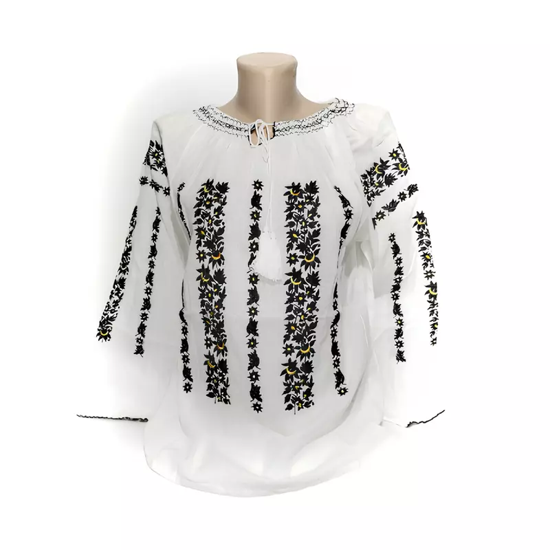 Bluza Tip Ie Alba cu Motiv Floral Negru - BMG72