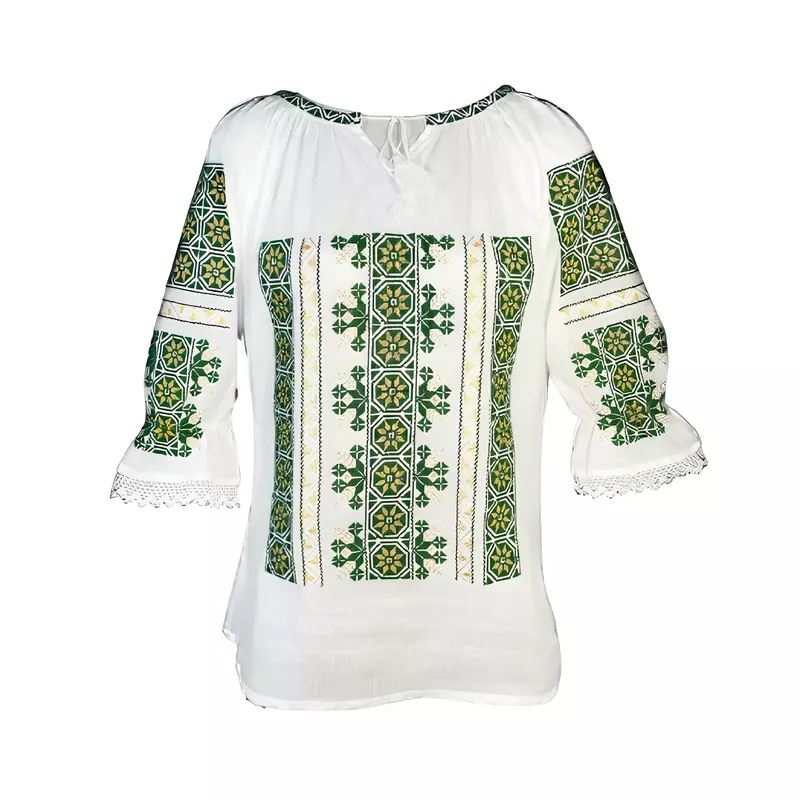 Bluza Tip Ie Traditionala Alba cu Motiv Floral Verde de Dama - IMS140