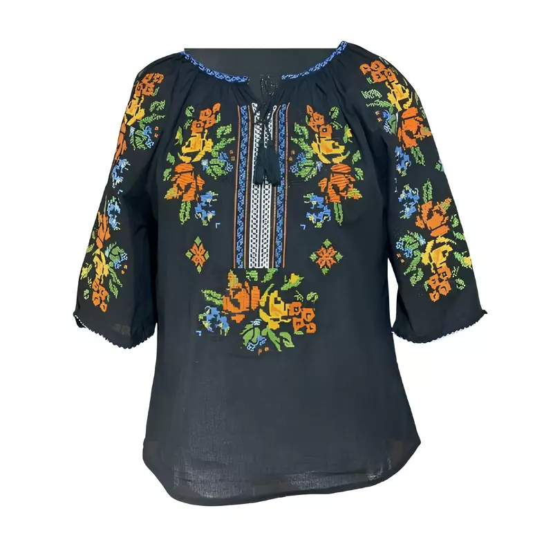 Bluza Tip Ie Traditionala Neagra cu Motiv Floral Multicolor de Dama - IMS109