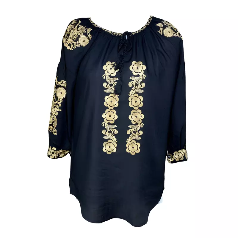 Bluza Neagra cu Motiv Floral Auriu - BMG153