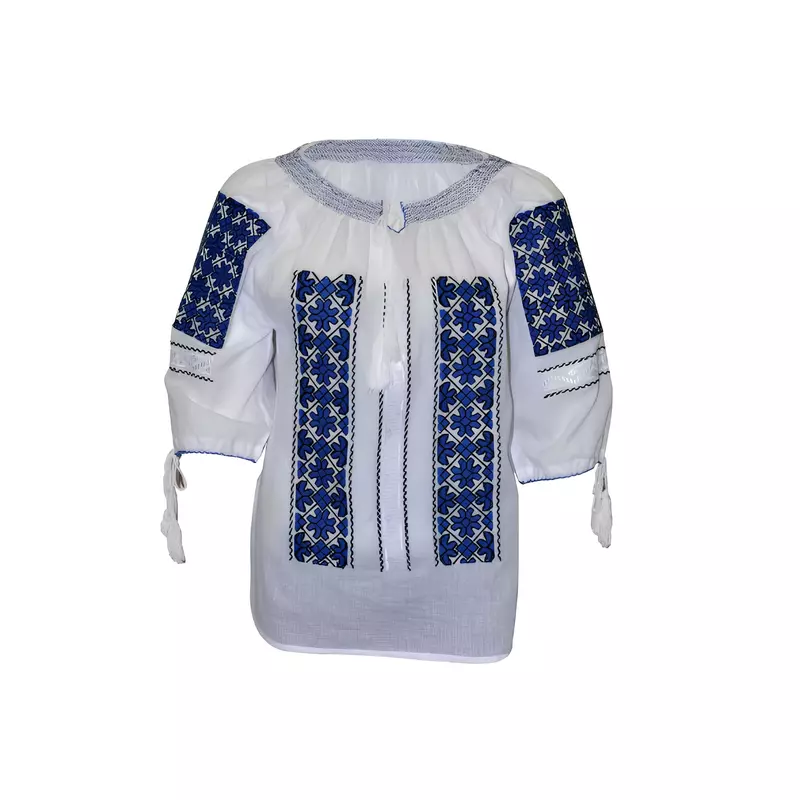 Bluza Tip Ie Traditionala Alba cu Motiv Geometric Albastru de Dama - IMS157