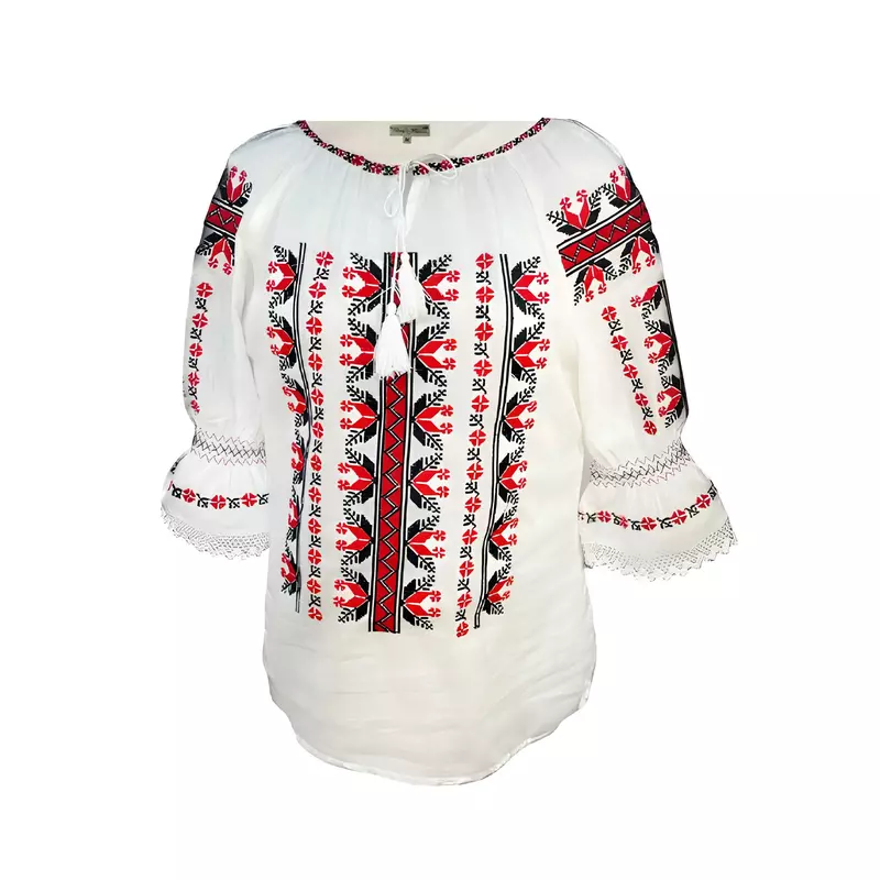 Bluza Tip Ie Traditionala Alba cu Motiv Geometric Multicolor de Dama - IMS113