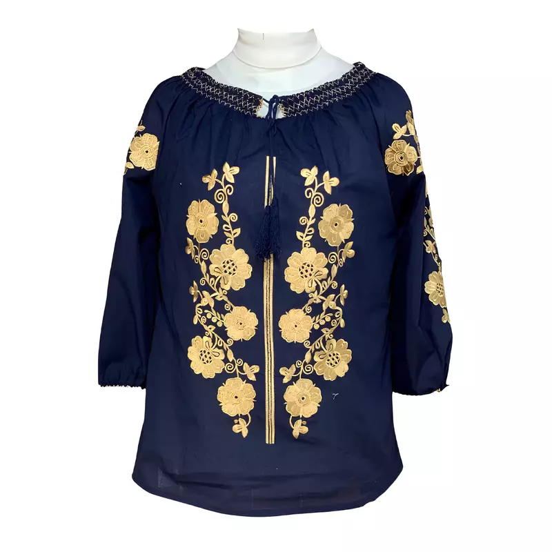 Bluza albastra cu motiv floral auriu - BMG132