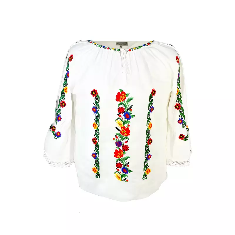 Bluza Tip Ie Traditionala Alba cu Motiv Floral Multicolor de Dama - IMS154