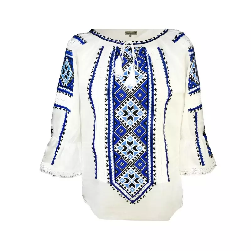 Bluza Tip Ie Traditionala Alba cu Motiv Geometric Albastru de Dama - IMS114