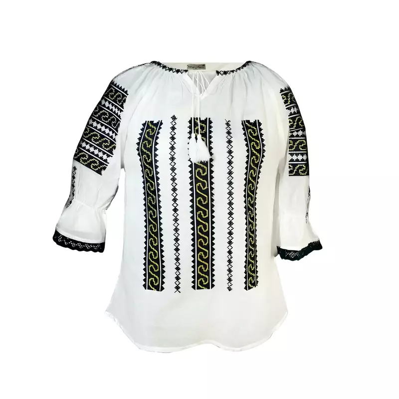Bluza Tip Ie Traditionala Alba cu Motiv Geometric Negru de Dama - IMS132