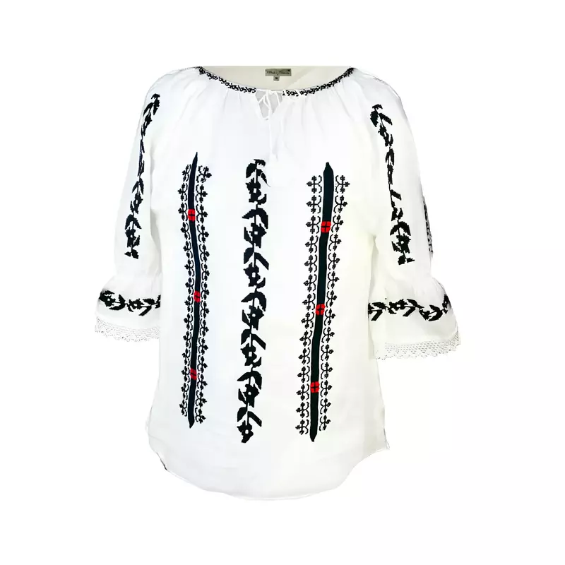 Bluza Tip Ie Traditionala Alba cu Motiv Geometric Negru de Dama - IMS148