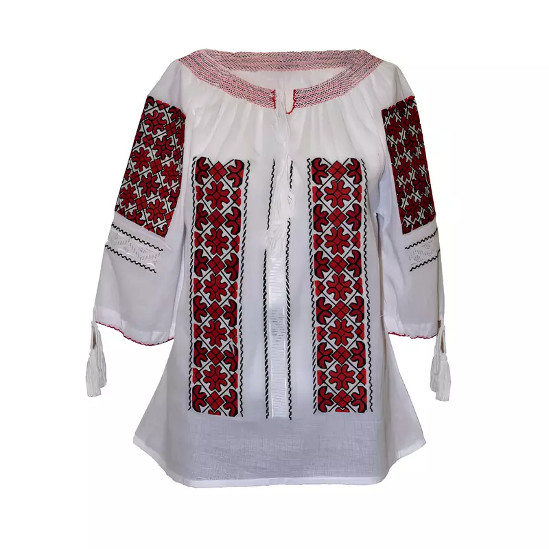 Bluza Tip Ie Traditionala Alba cu Motiv Geometric Rosu de Dama - IMS164