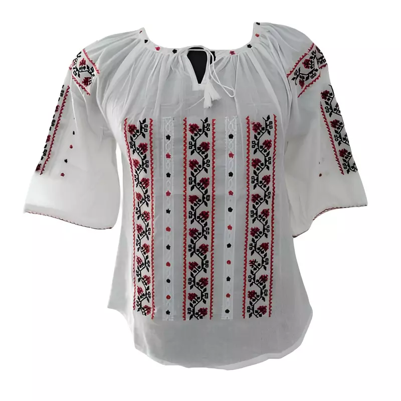 Bluza Tip Ie Traditionala Alba cu Motiv Geometric Multicolor de Dama - IMS98