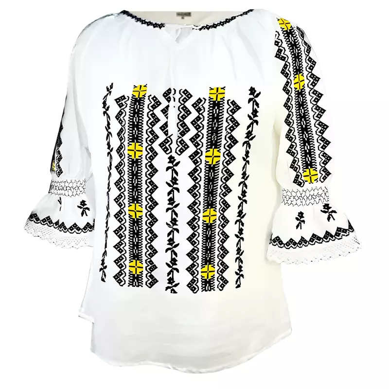 Bluza Tip Ie Traditionala Alba cu Motiv Geometric Negru de Dama - IMS129