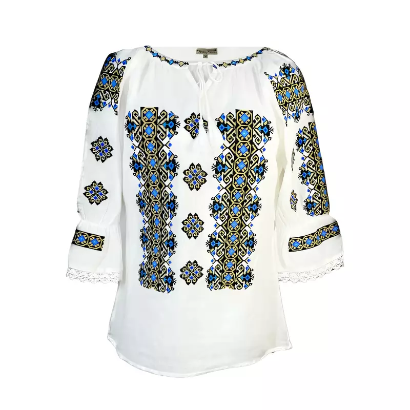 Bluza Tip Ie Traditionala Alba cu Motiv Geometric Albastru de Dama - IMS144