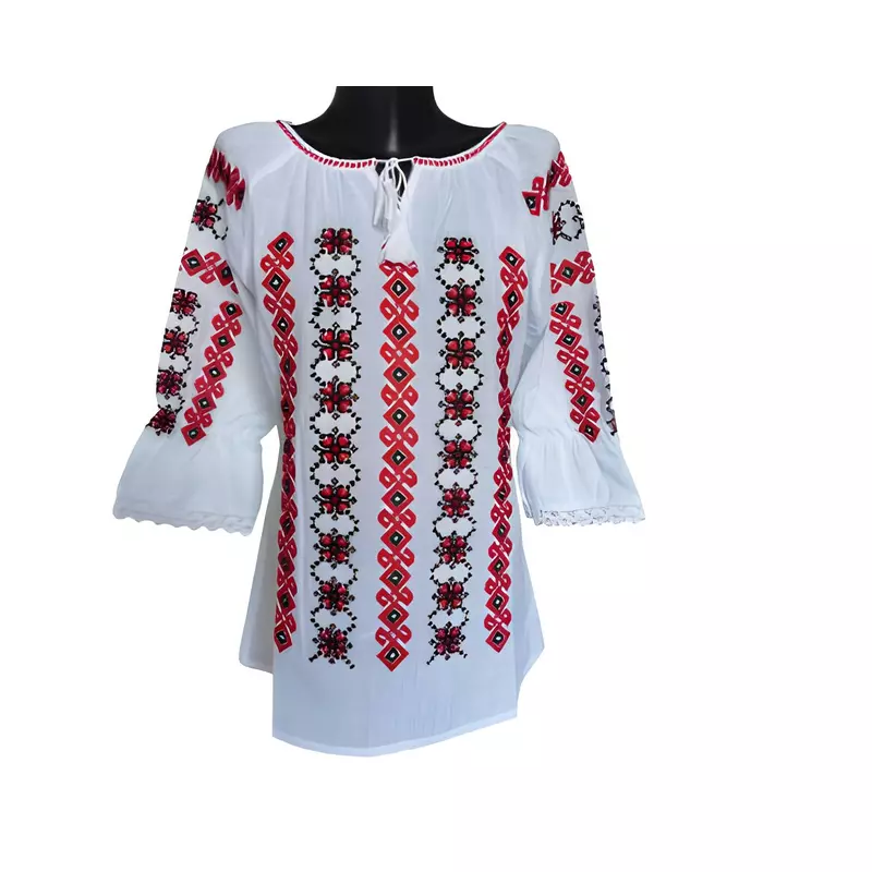 Bluza Tip Ie Traditionala Alba cu Motiv Geometric Rosu de Dama - IMS125