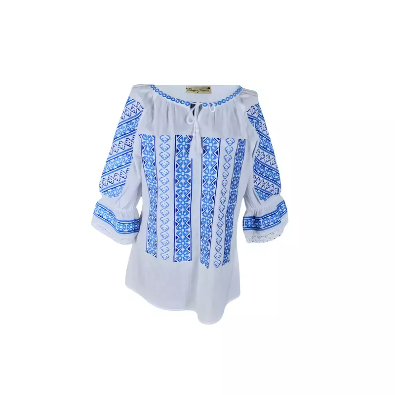 Bluza Tip Ie Traditionala Alba cu Motiv Geometric Albastru de Dama - IMS158