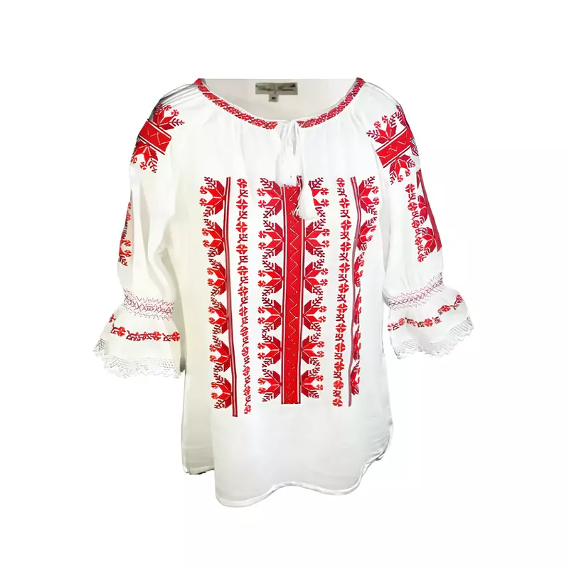Bluza Tip Ie Traditionala Alba cu Motiv Geometric Rosu de Dama - IMS112