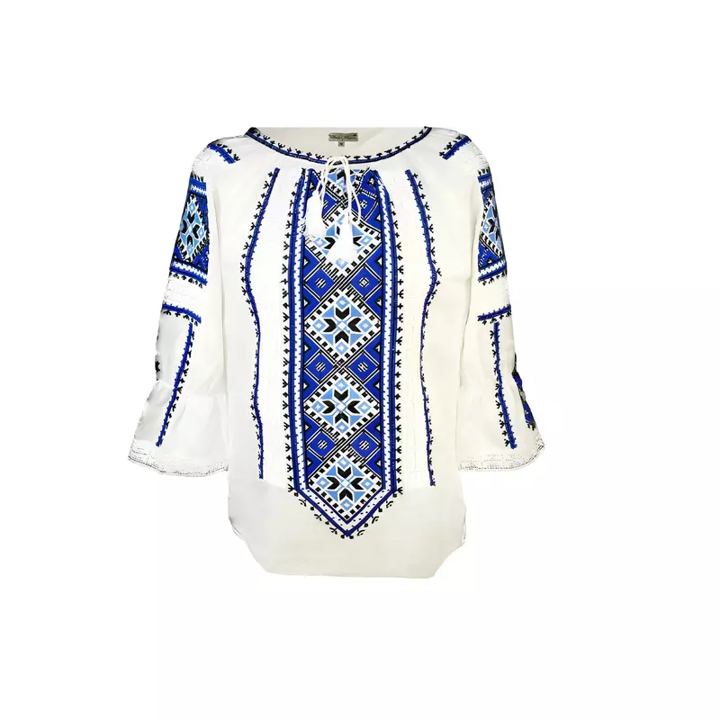 Bluza Tip Ie Traditionala Alba cu Motiv Geometric Albastru de Dama - IMS114