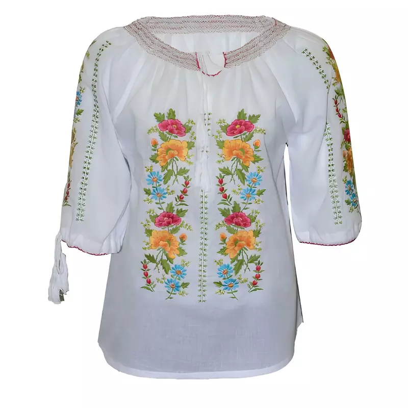 Bluza Tip Ie Traditionala Alba cu Motiv Floral Multicolor de Dama - IMS102