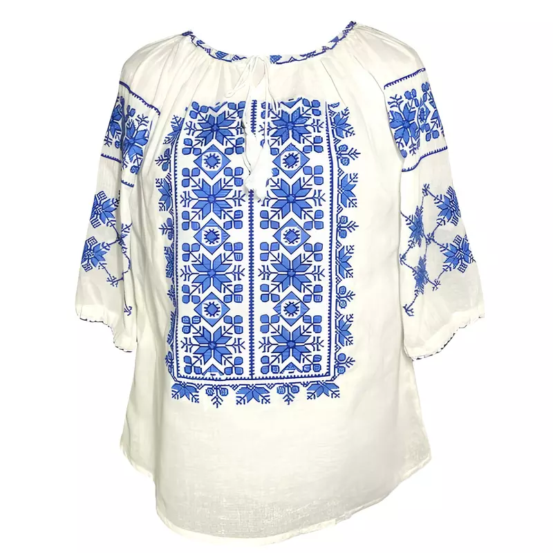 Bluza Tip Ie Traditionala Alba cu Motiv Floral Albastru de Dama - IMS108
