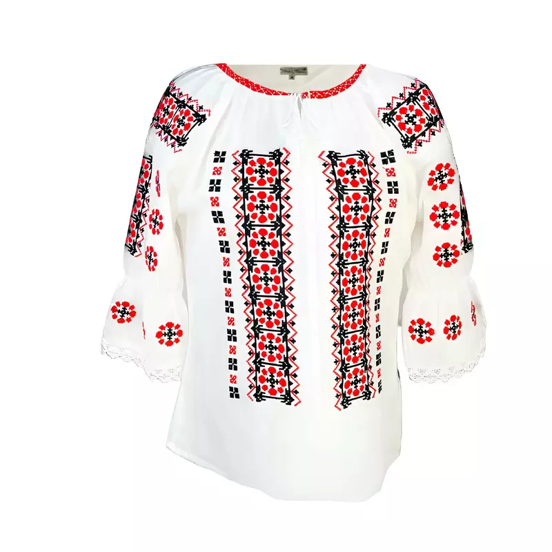 Bluza Tip Ie Traditionala Alba cu Motiv Geometric Rosu de Dama - IMS150