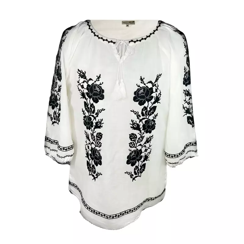 Bluza Tip Ie Traditionala Alba cu Motiv Floral Negru de Dama - IMS119