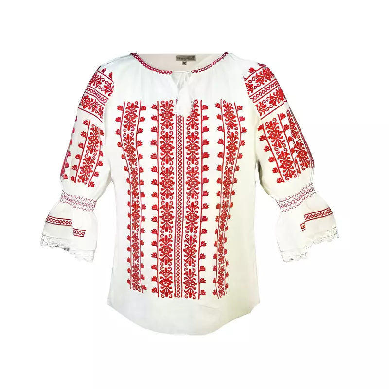 Bluza Tip Ie Traditionala Alba cu Motiv Floral Rosu de Dama - IMS126