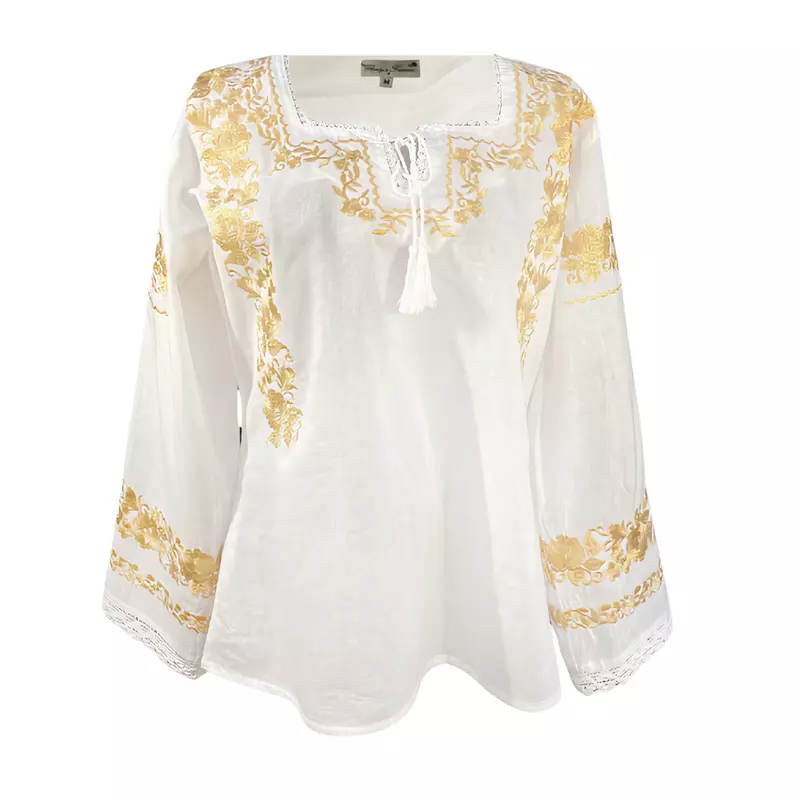 Bluza Alba cu Motiv Floral Auriu - BMG176