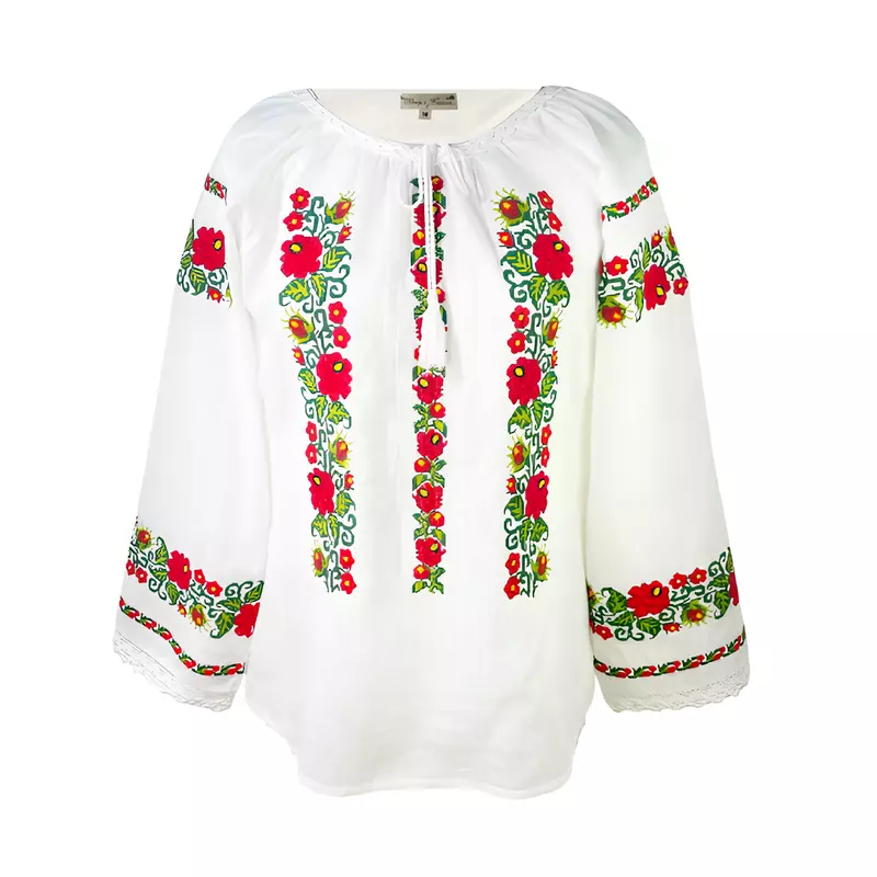 Bluza Tip Ie Alba cu Motiv Floral Rosu - BMG49
