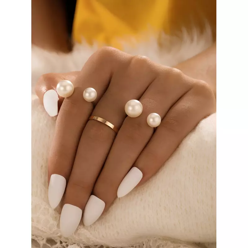Set de 3 Inele Ajustabile Decorate cu Perle Artificiale - 54803