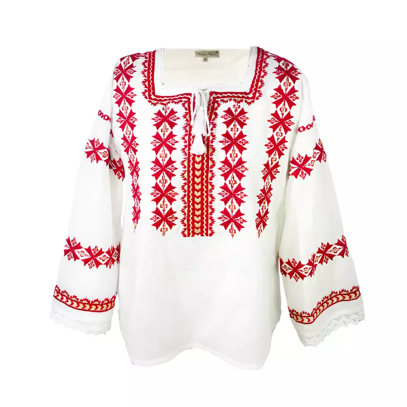 Bluza Alba cu Motiv Geometric Rosu - BMG108