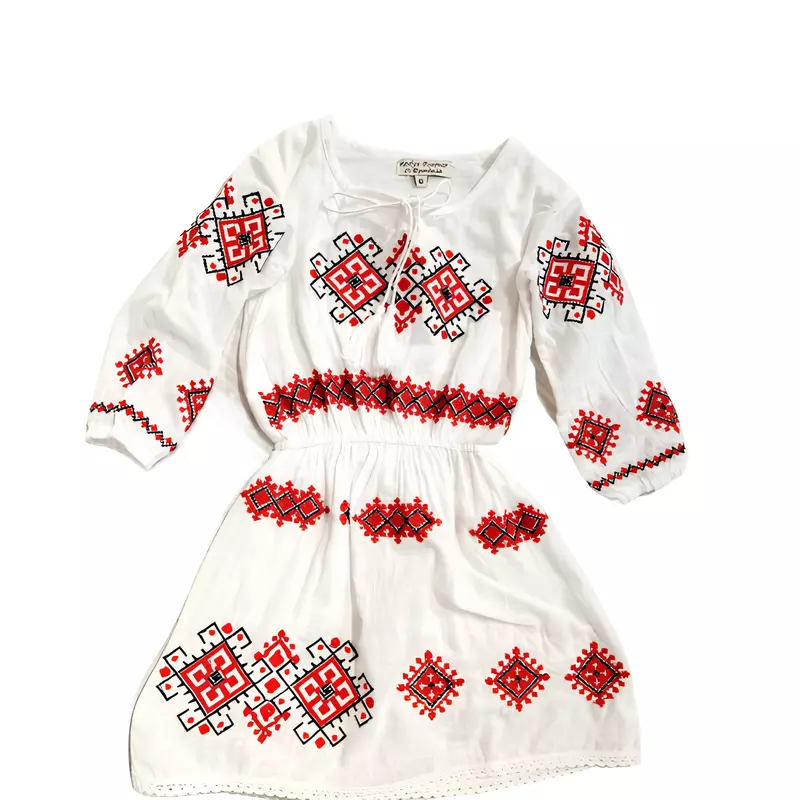 Rochie Traditionala Alba pentru Fetite cu Motiv Floral Rosu - RTF12
