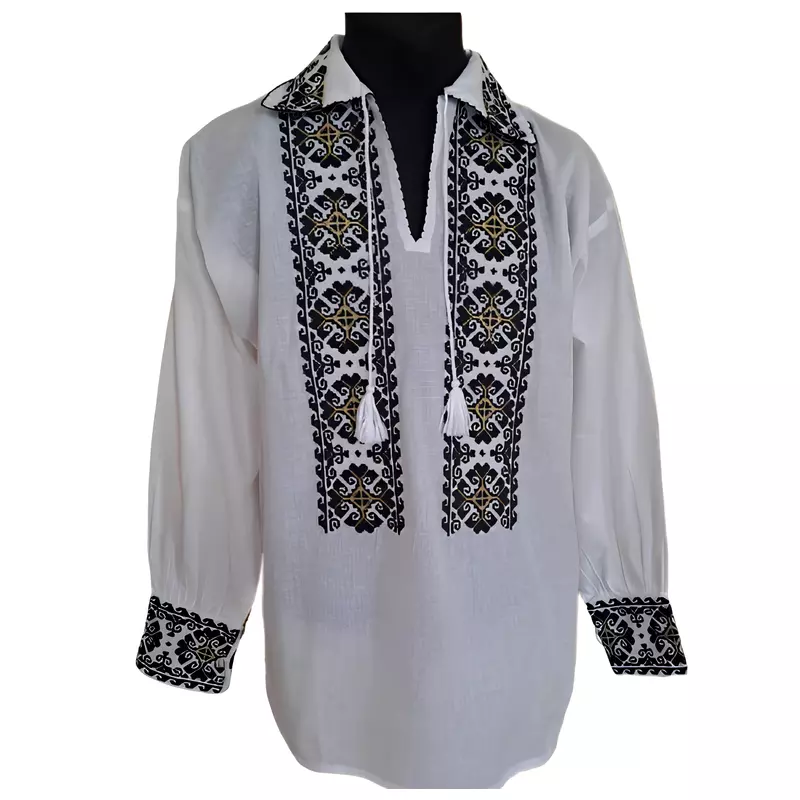 Camasa Barbateasca Traditionala Alba cu Motiv Floral Negru  - CTI33