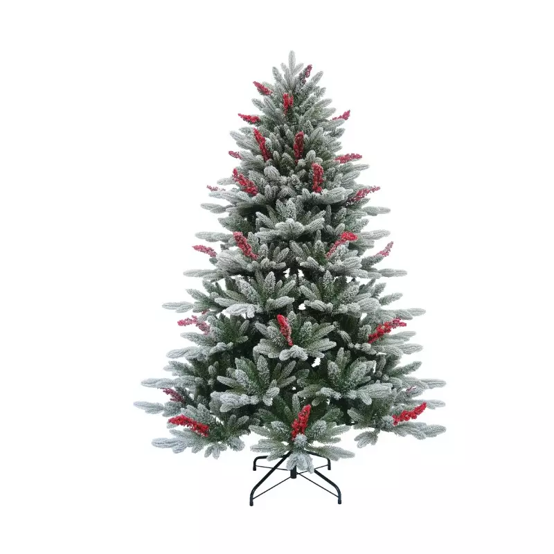 Brad Artificial de Craciun cu Ramuri Ninse, Verde cu Fructe Rosii, 240 cm, Suport Inclus - INV8080986
