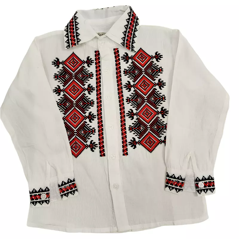 Camasa Traditionala de Baieti Alba cu Motiv Geometric Rosu - ITB38