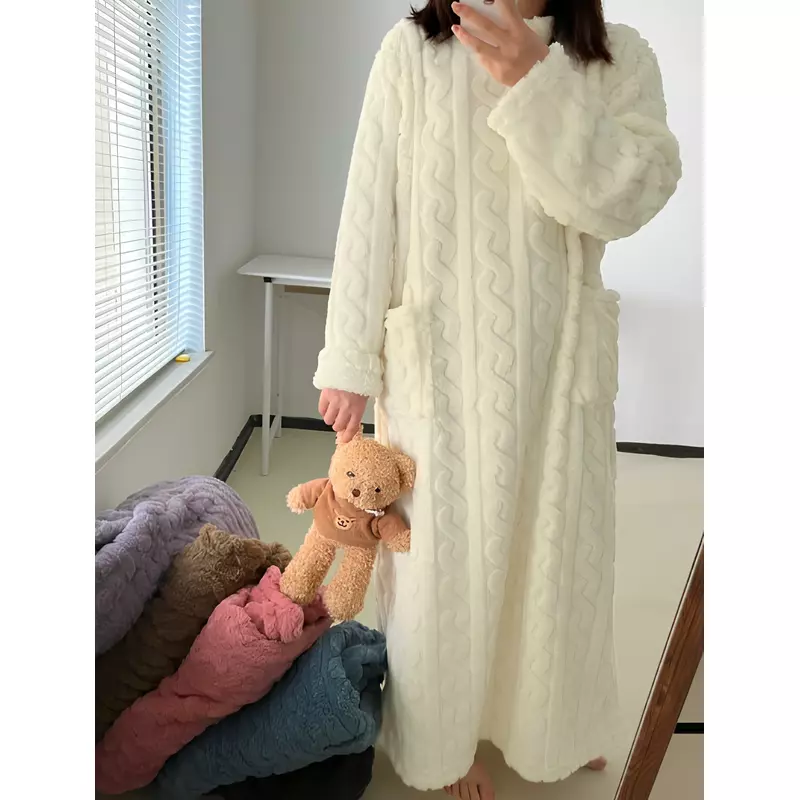 Pijama Dama Cocolino, Stil Rochie cu Maneci Lungi, Alb, OneSize - MEI63