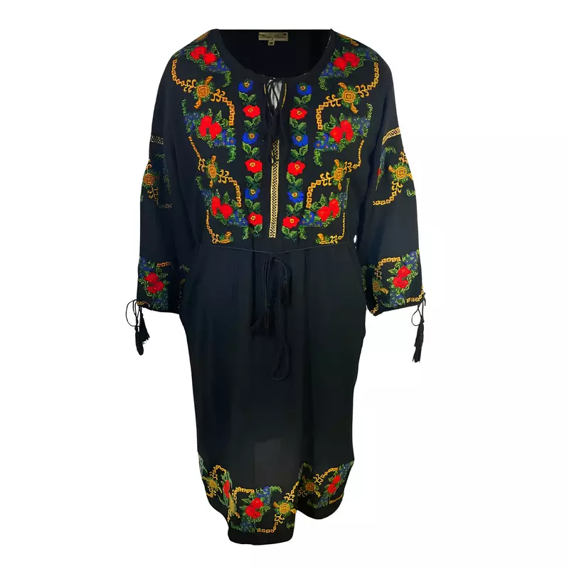 Rochie traditionala neagra cu motiv floral multicolor - RTM61
