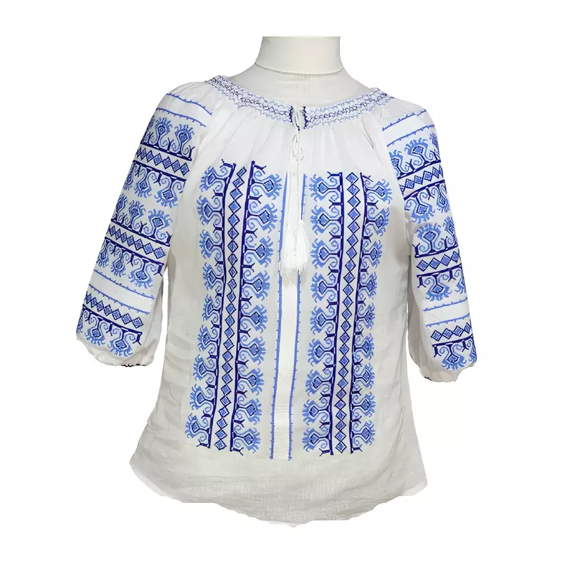 Bluza Tip Ie Alba cu Motiv Geometric Albastru - BMG86